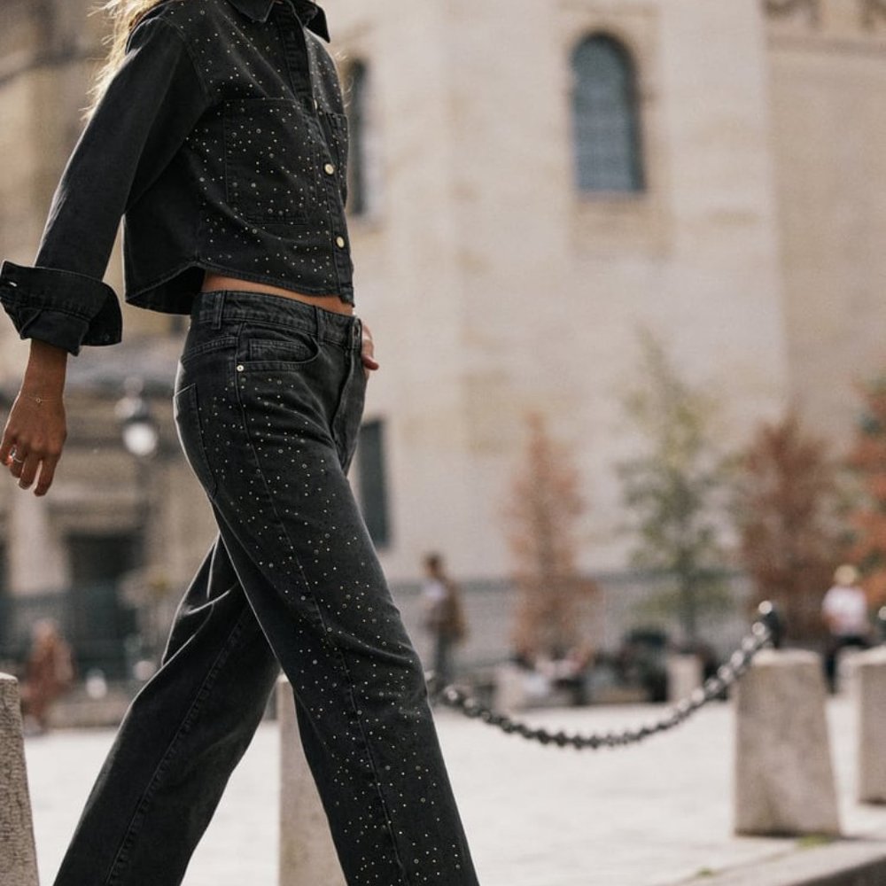 ZARA Z1975 STRAIGHT HIGH-WAIST CROPPED BEADED JEANS BLACK NEW FW24 REF. 6147/195